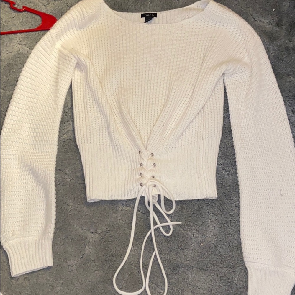 Cream Lace Up Sweater